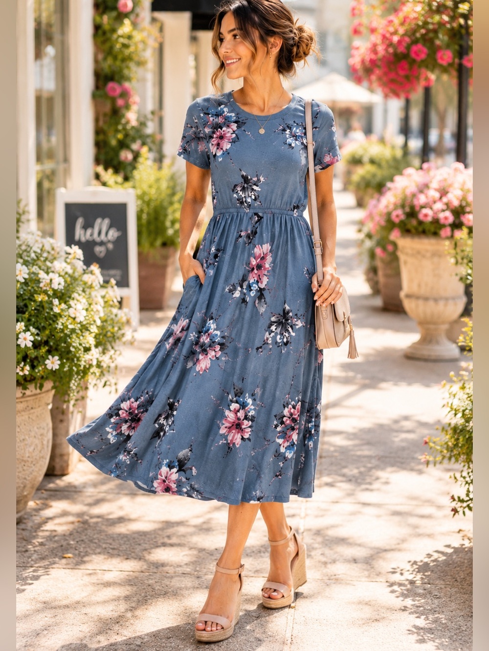 Floral Midi Dress Boutique Small Blue Floral Print Elastic Waist Pockets Stretch